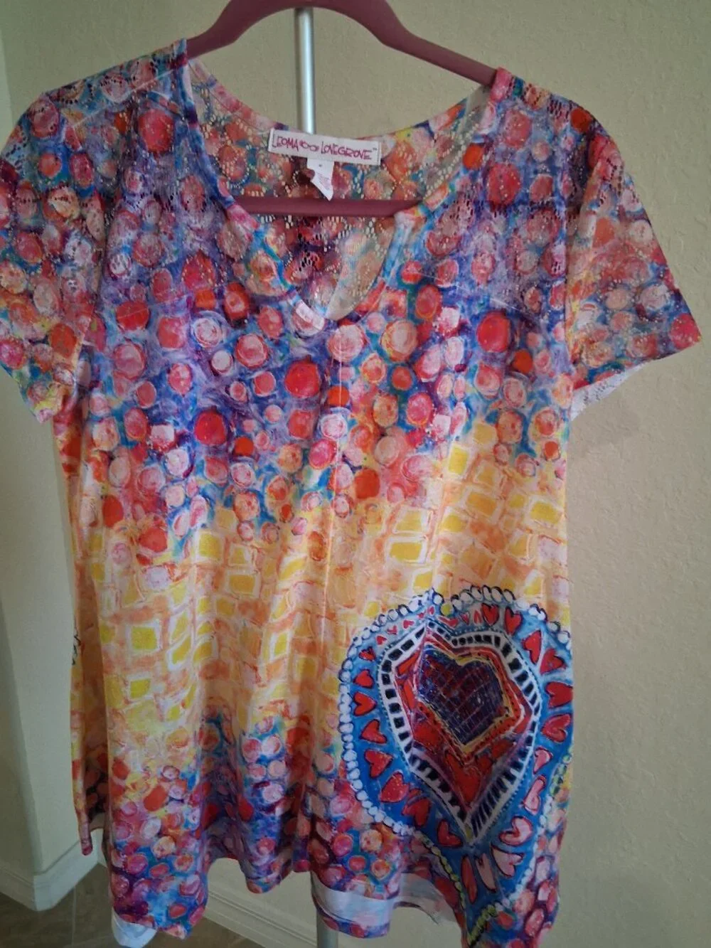 Leoma Lovegrove Multi Color Heart Print Lace Back V-Neck Tunic Blouse Size (M) - Picture 4 of 10